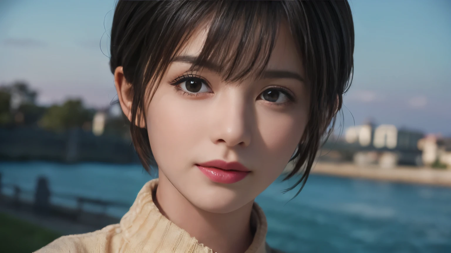 (masterpiece:1.3), (8k, Realistic, RAW Photos, highest quality: 1.4), (One girl), Beautiful Face, (Realistic Face), (Black Hair, short hair:1.3), Beautiful hairstyle, Realistic eyes, Beautiful fine details, (Realistic Skin), Beautiful Skin, (sweater), Absurd, Charm, Ultra-high resolution, Ultra-realistic, Very detailed, Golden Ratio