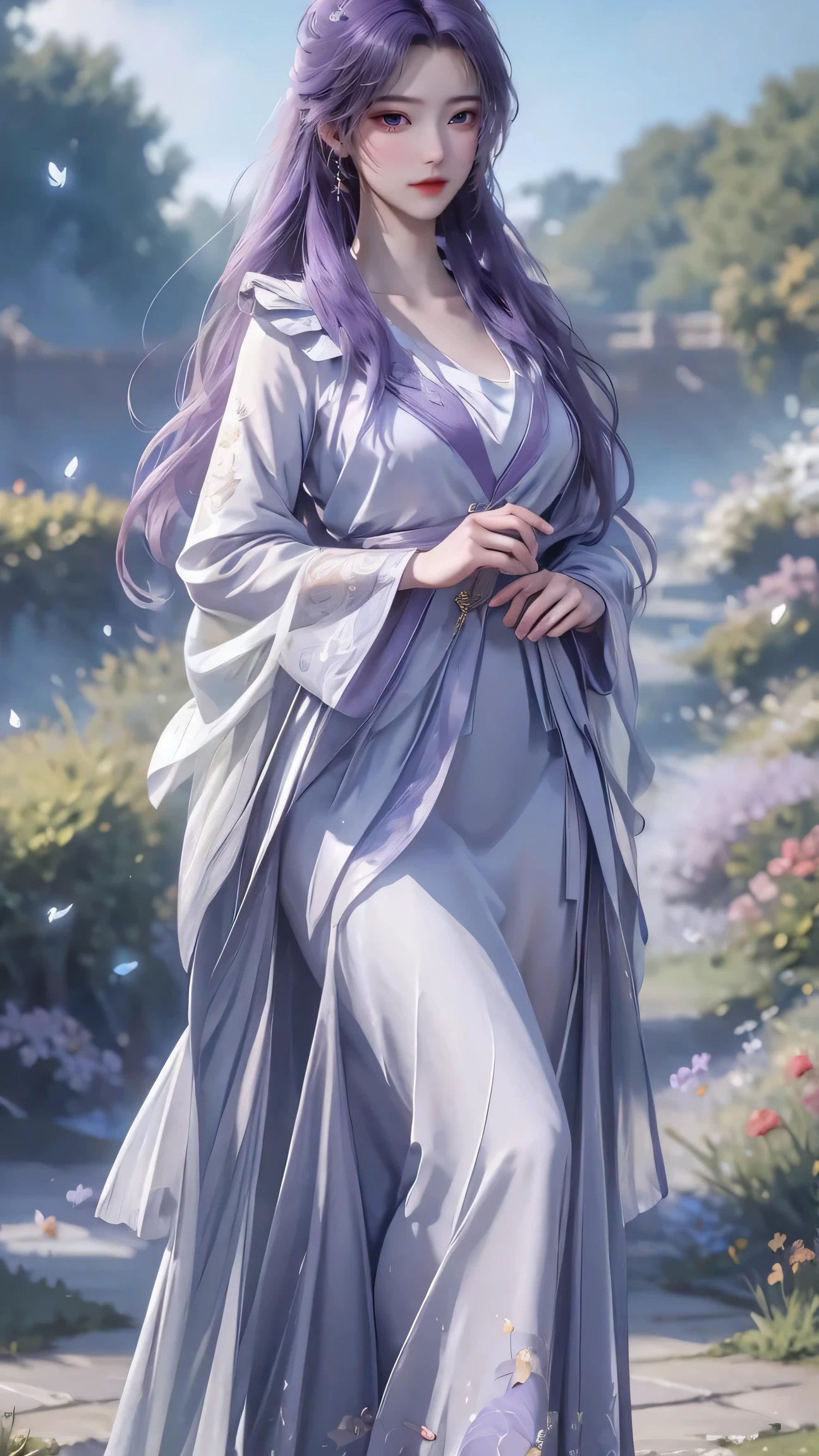 (best quality,ultra-detailed,photorealistic:1.37),vivid colors,studio lighting,beautiful detailed eyes,beautiful detailed lips,extremely detailed eyes and face,long eyelashes,portraits, purple hair,confident expression,feminine,standing in a garden,soft sunlight, scenery,flower blossoms,peaceful atmosphere,artistic touch,textured brushstrokes,subtle color variations,brilliant white highlights,delicate movements,graceful pose,slight breeze,rustling leaves,sophisticated style,professional artwork,female beauty.