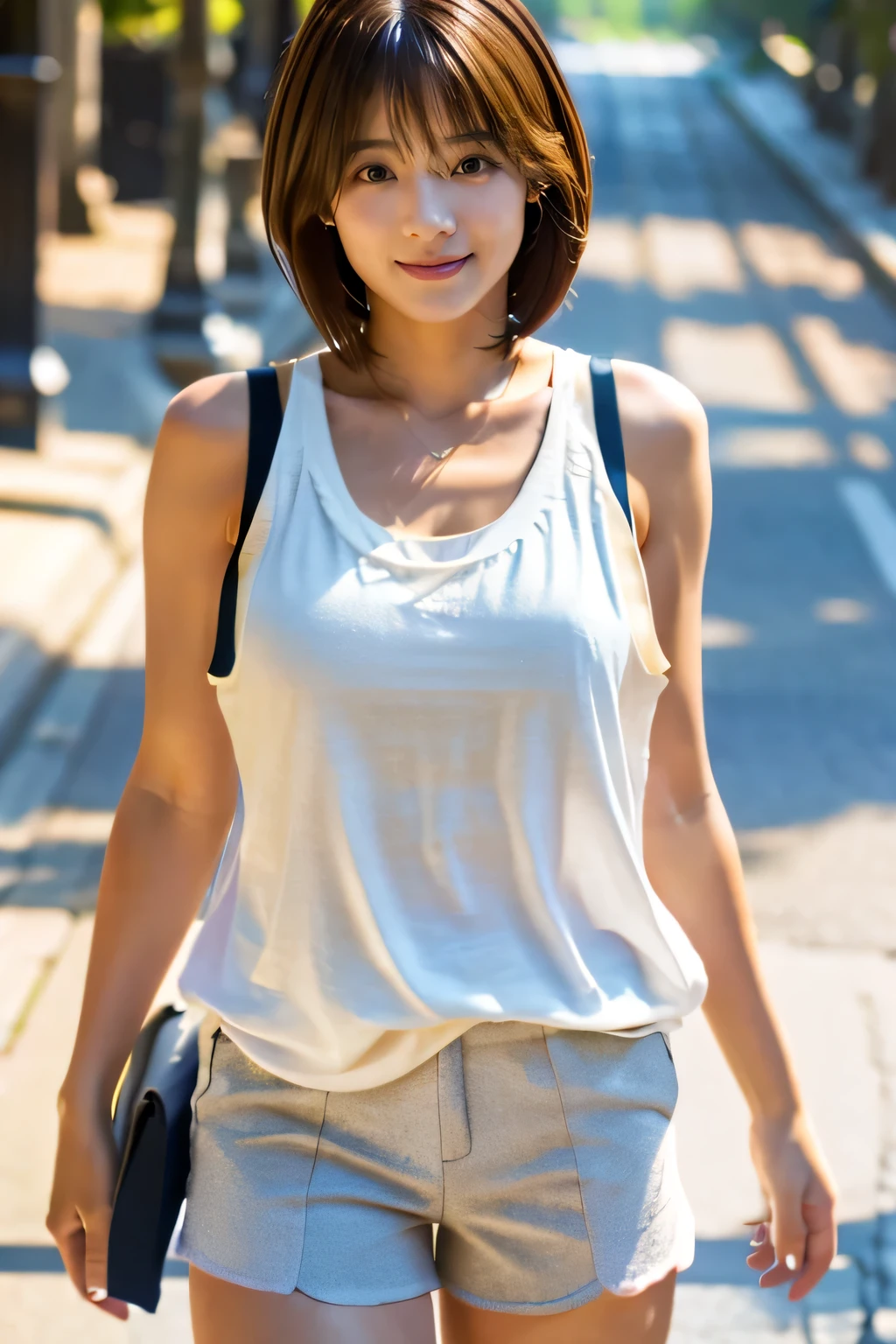 (Tank top in shorts:1.5)、(Full-body photo:1.5)、highest quality, Photorealistic, Very detailed, finely, High resolution, 8K Wallpaper, Professional, High level of detail, ((One 18 year old girl:1.2)), Slender Japanese women,Pretty lips, (Beautiful long lashes:1.2)、Detailed clavicle, Perfect Face, (Cute short bob hair:1.5),Top Quality,Ultra-clear resolution,Clear Eyes,Sunburned skin,perfect medium breasts,A pretty necklace around the neck、have perfect legs,A kind smile、
