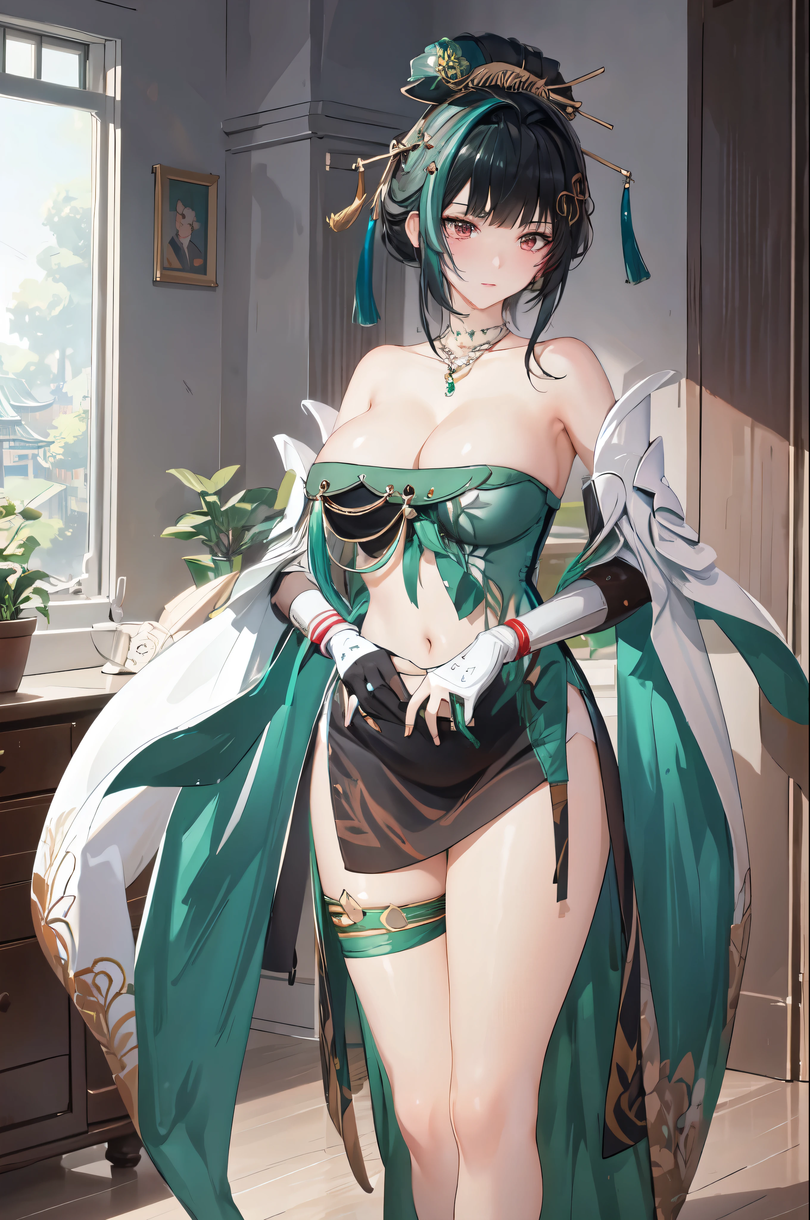 masterpiece, best quality BREAK solo, china dress, highres, 1girl, standing, (large breasts), mature female, hanying, Full body drawing, (masterpiece), (best quality), (hyperdetail), (illustration), ((extremely delicate and beautiful)), (detailed light), (prefect's body), full body drawing, Hanying, HanYing, sexy, sexy belly, sexy belly line, sexy belly button