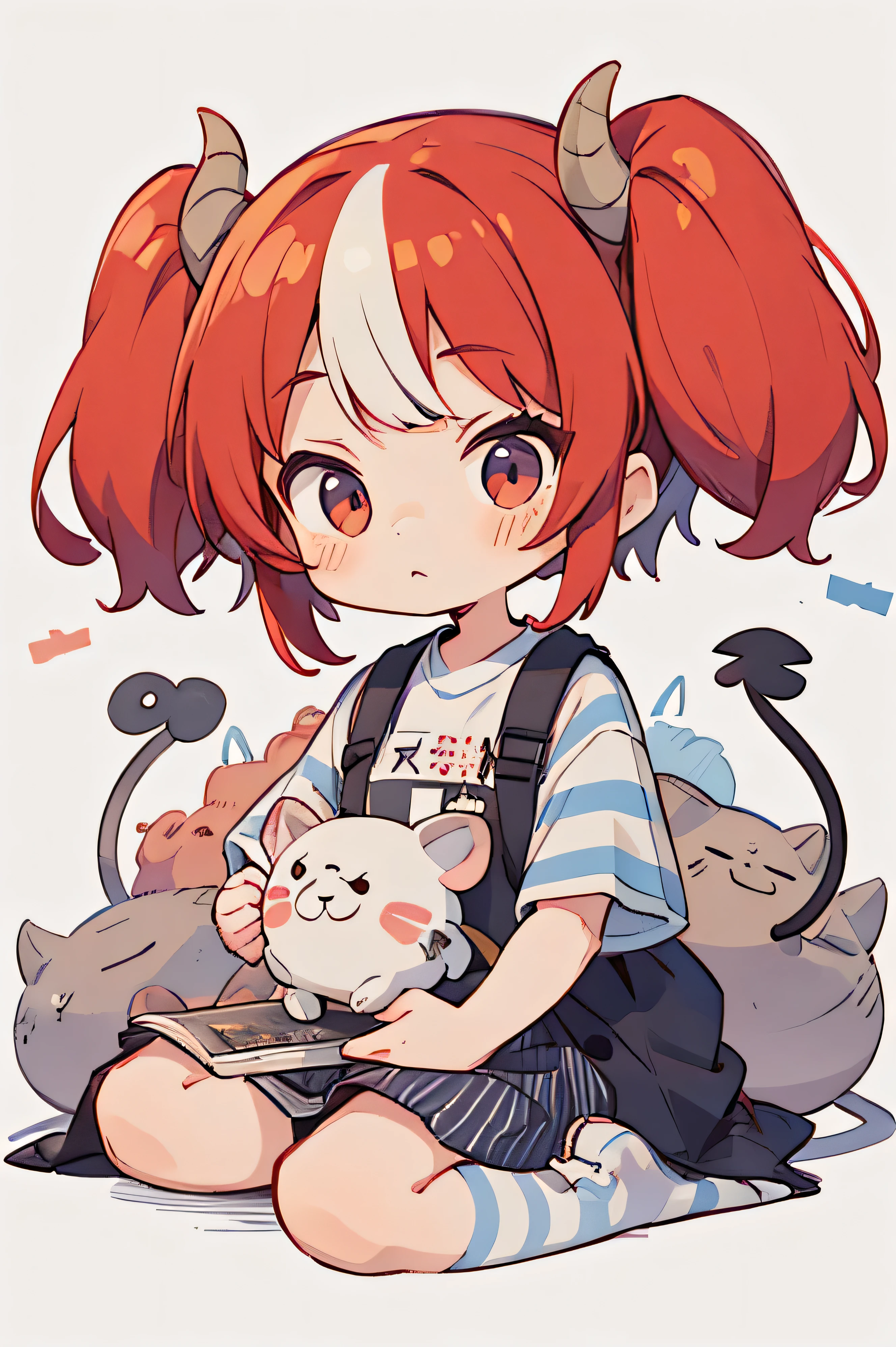 plastic, 1 Demon Girl, Chibi T-shirt,Platinum red hair, Luxury Fabric,Harajuku Style, Dither, Profound, Looking at the audience, Striped Background