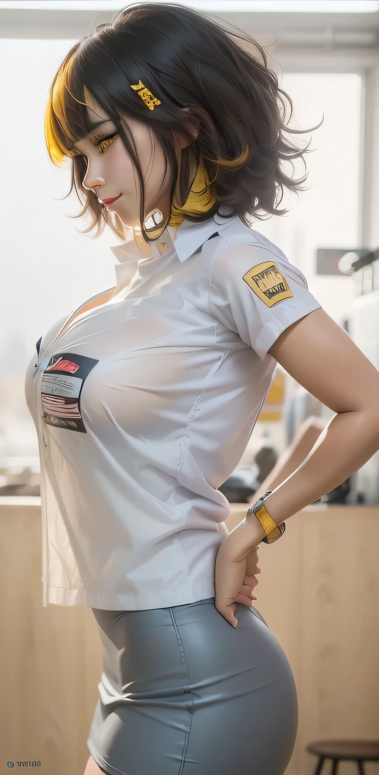 1girl, 18 years old girl, beautiful girl, kpop idol, side view, wearing white tight Indonesian High  and grey short skirt, short hair, (black with yellow line hair: 1.4), bangs, hair between eyes, (Large D breast: 1.6), cleavage, pale skin, real skin, realistic skin, detailed skin features, detailed skin texture, detailed clothes features, body proportions, voluptious body, ultra-detailed, real face, detailed facial features, beautiful eyes, (yellow eyes: 1.4), detailed eyes, (smile, smiling), closed mouth,pink lips, gloss on lips, detailed face, high quality, (masterpiece: 1.1), natural lightning, (Best Quality:1.4), 16K resolution, High resolution, (Photorealistic, High resolution:1.4), Raw photo, (Realistic, Photorealistic:1.37)