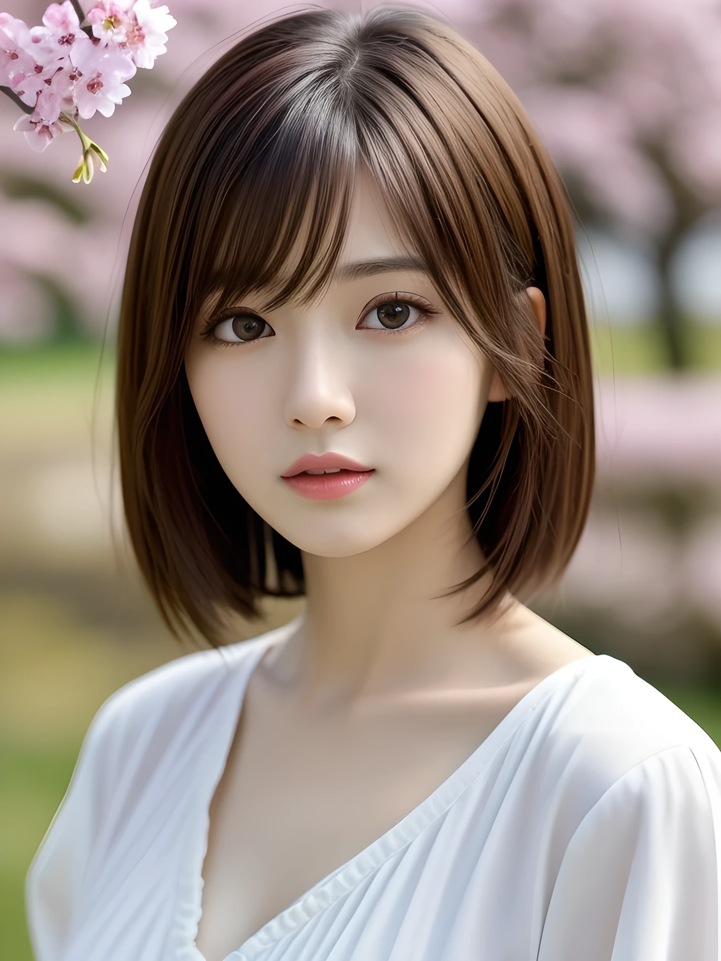 masterpiece, highest quality, High resolution, table top、wallpaper, realistic, bright lighting, professional lighting, face light, smooth lighting, japanese girl, cute, sad, open mouth to say something, shy, Beautiful girl, gravure, sexy, super beautiful, beautiful skin, beautiful and detailed eyes、detailed face、slim、moderately, short hair, brunette colored hair, brown eyes, looking at viewer, blouse, Hill with Spring Flowers