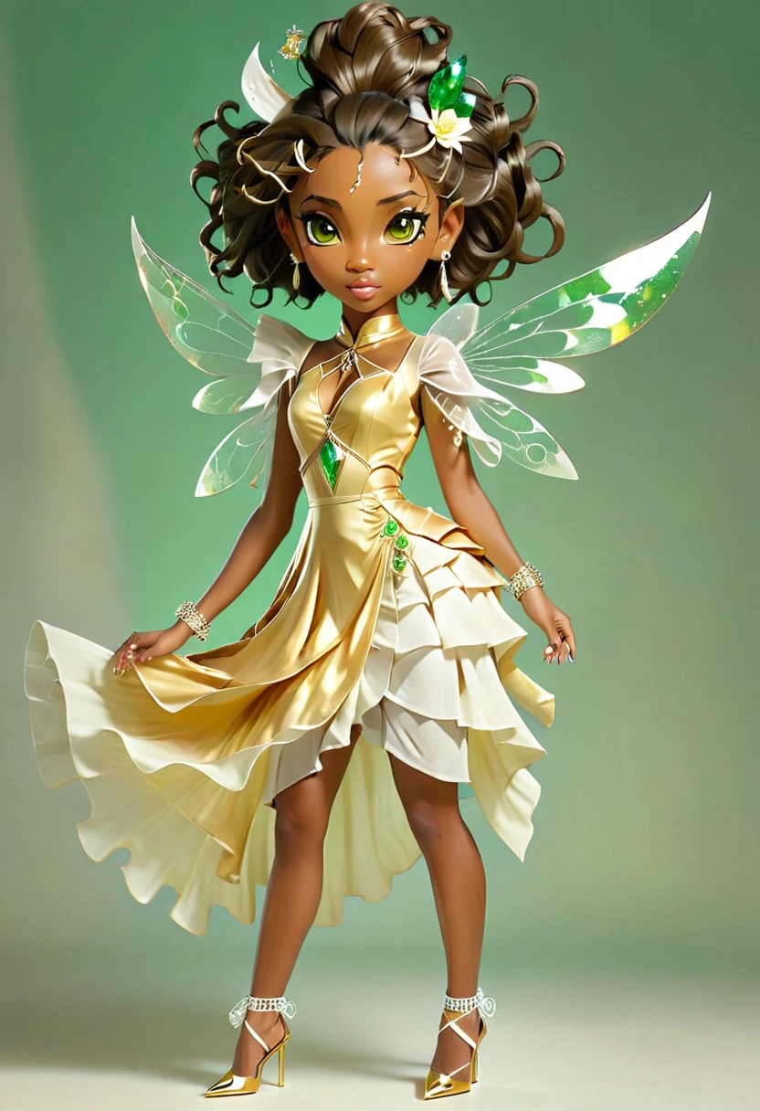 ((In front a glod sky and white clothes)) is a light-brown skin fairy with one gold-colored tight-body dress with a side-splite, white layeredlaces block- heels with  wrapped straps that  and criss-cross her ankles to her legs. Detached white elbow splited sleeves down the centre. Green eyes. Diamond earings and crystal pendants in  curly mohawk hairstyle 