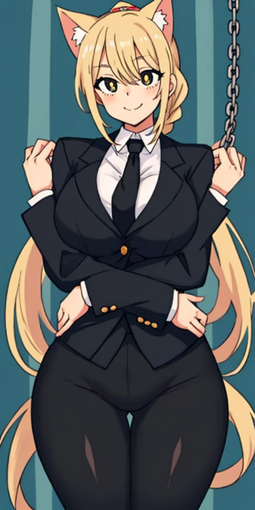 1girl, cowboy shot, solo, lit pupils, cat ears, smile, closed mouth, looking at viewer, braided ponytail, ringed eyes, large breasts, curvy, wide hips, thighs, formal, black jacket, shirt, black necktie, long sleeves, black pants, w-w-chain, spread arms, dungeon
