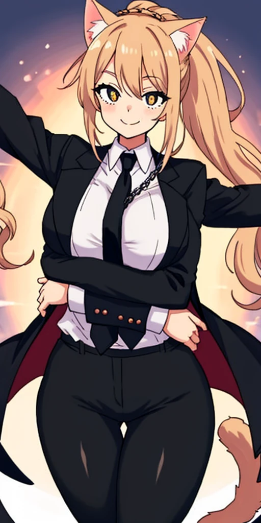 1girl, cowboy shot, solo,  lit pupils, cat ears, smile, closed mouth, looking at viewer, braided ponytail, ringed eyes, large breasts, curvy, wide hips, thighs, formal, black jacket, shirt, black necktie, long sleeves, black pants, w-w-chain, spread arms, dungeon