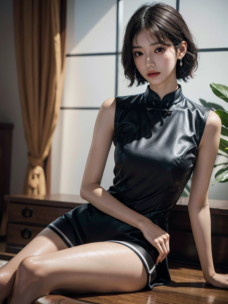 absurdres, RAW photo, extremely delicate and beautiful, masterpiece, Best Quality, ultra high resolution, 32k, hyperrealistic, ultra-detailed, perfect anatomy, anatomically correct, perfect figure, super Detailed skin, 20 years old, very Slim body, narrow waist, very small head, very small face, delicate facial features, detailed face, detailed eyes, tearful mole, earring, thin legs, bare legs, ((very huge round breasts)), short medium hair, ((wavy hair)), wet clothes, ((cheongsam)),