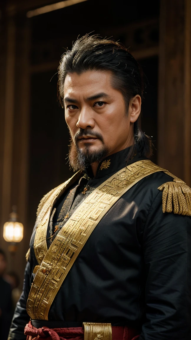 . .Chinese style Chow Yun Fat as Emperor 8k, high definition, detailed face, detailed face, detailed eyes, detailed suit, long beards wear the emperor crown, Golden Chinese emperor suit, in style of Mandarin and Chinese, hyper-realistic, + cinematic shot + dynamic composition, incredibly detailed, sharpen, details + superb details + evening with light + perfectionism + award winning realism ((moody lighting))