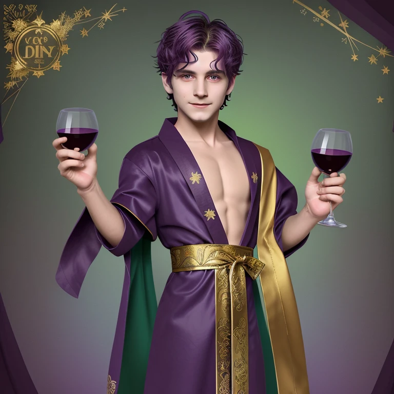 a boy paper doll that have vibrant robe in rich colors like purple, green, or gold, representing Dionysus's association with wine, fertility, and ecstasy.