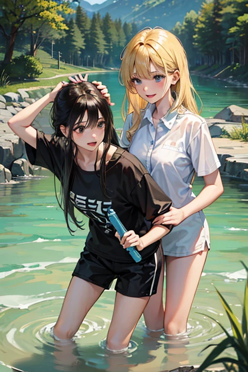 2 girls in playing in a river,smile,cute,black hair and blond hair,Wet clothes,wetting hair,water gun