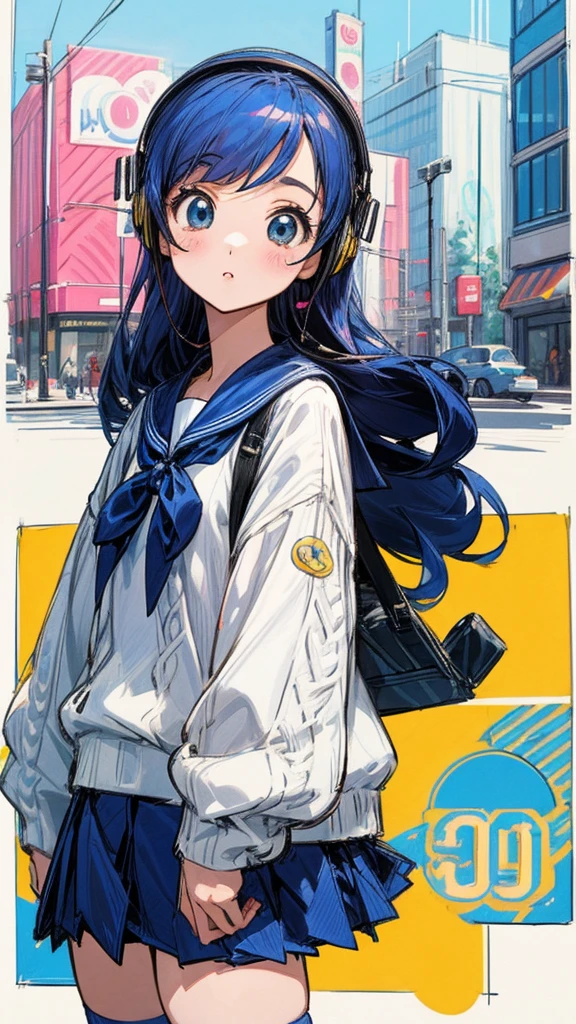 90s City Pop Art、City Pop Style、Sketch Style、LOFI Girl、Beautiful school girl、8 Head Model、Navy blue sailor suit、White sweater、mini skirt、Knee-high socks、Stroll around Harajuku、Headphones 1.2、listen to music、Big eyes、whole body、1 person、Cowboy Shot、listen to music,txt