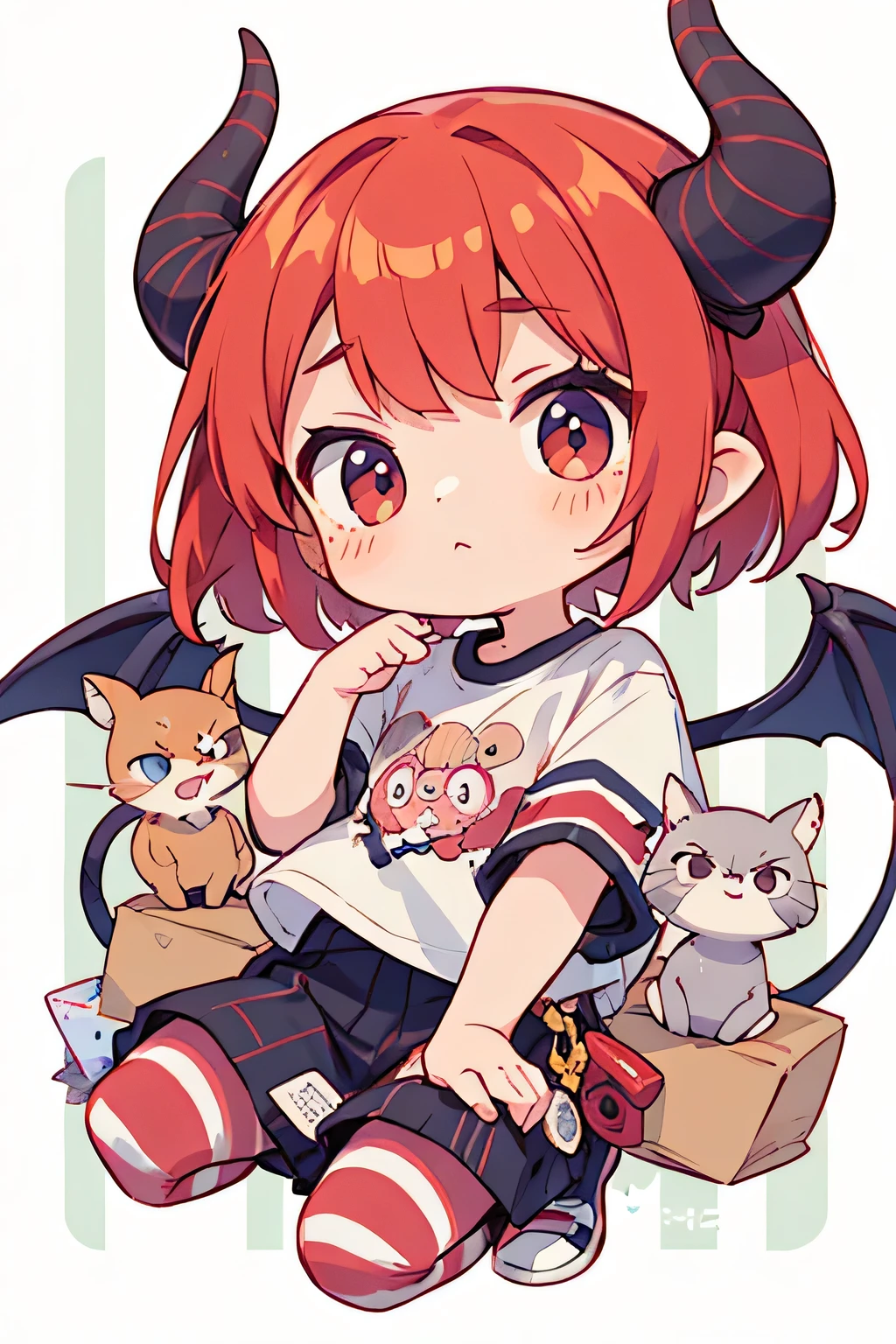 plastic, 1 Demon Girl, Chibi T-shirt,Platinum red hair, Luxury Fabric,Harajuku Style, Dither, Profound, Looking at the audience, Striped Background