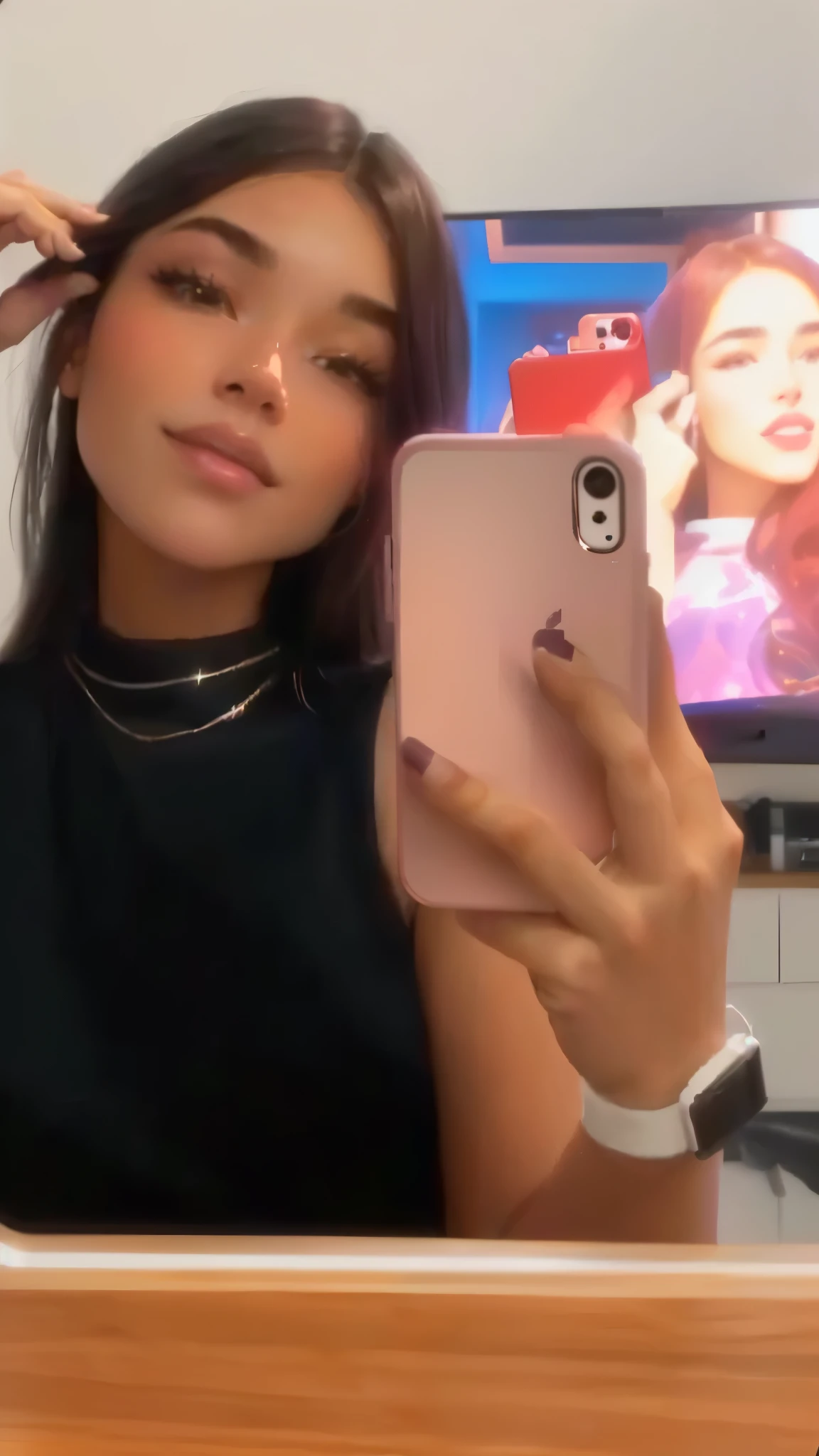 woman taking a selfie in front of a mirror with her phone, iphone video, iphone selfie, low quality video, tiktok video, 8k selfie photograph, she is holding a smartphone, high quality footage, mirror selfie, soft devil queen madison beer, very very low quality, violet myers, from 8 k matte, madison beer, selfie of a young woman, ultra high quality