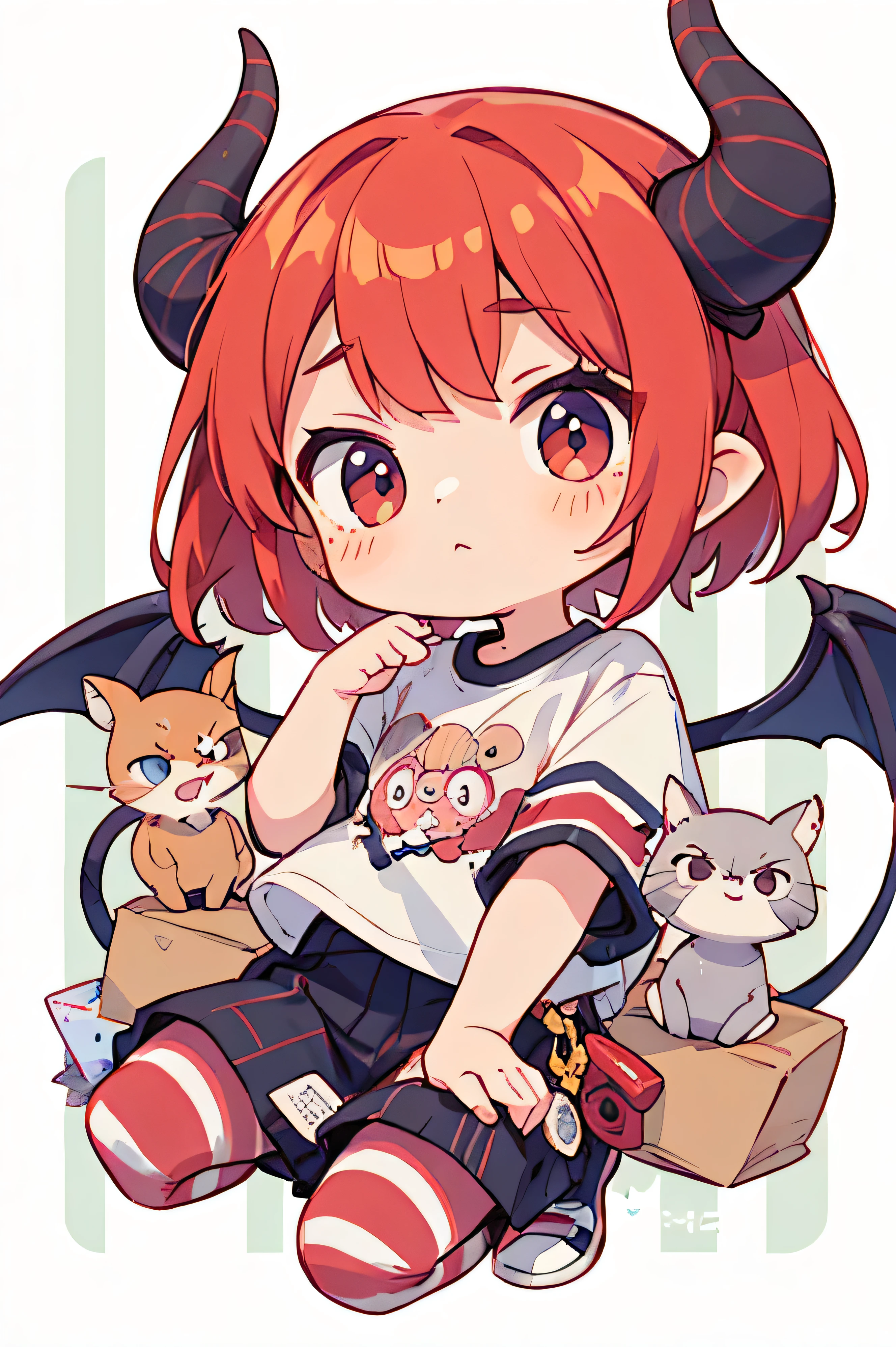 plastic, 1 Demon Girl, Chibi T-shirt,Platinum red hair, Luxury Fabric,Harajuku Style, Dither, Profound, Looking at the audience, Striped Background