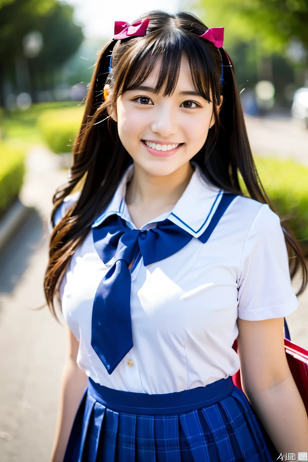 cute, アイドルのようにcute16歳の高校生、High School Uniform、Cleavage、Young cute face、Smiling Kindly、Carp streamers fluttering in the sky、High はCleavageが見えるデザイン、whole body、RAW Photos、Genuine、Real、realism、Raw photo、High resolution、Life、No copyright notice