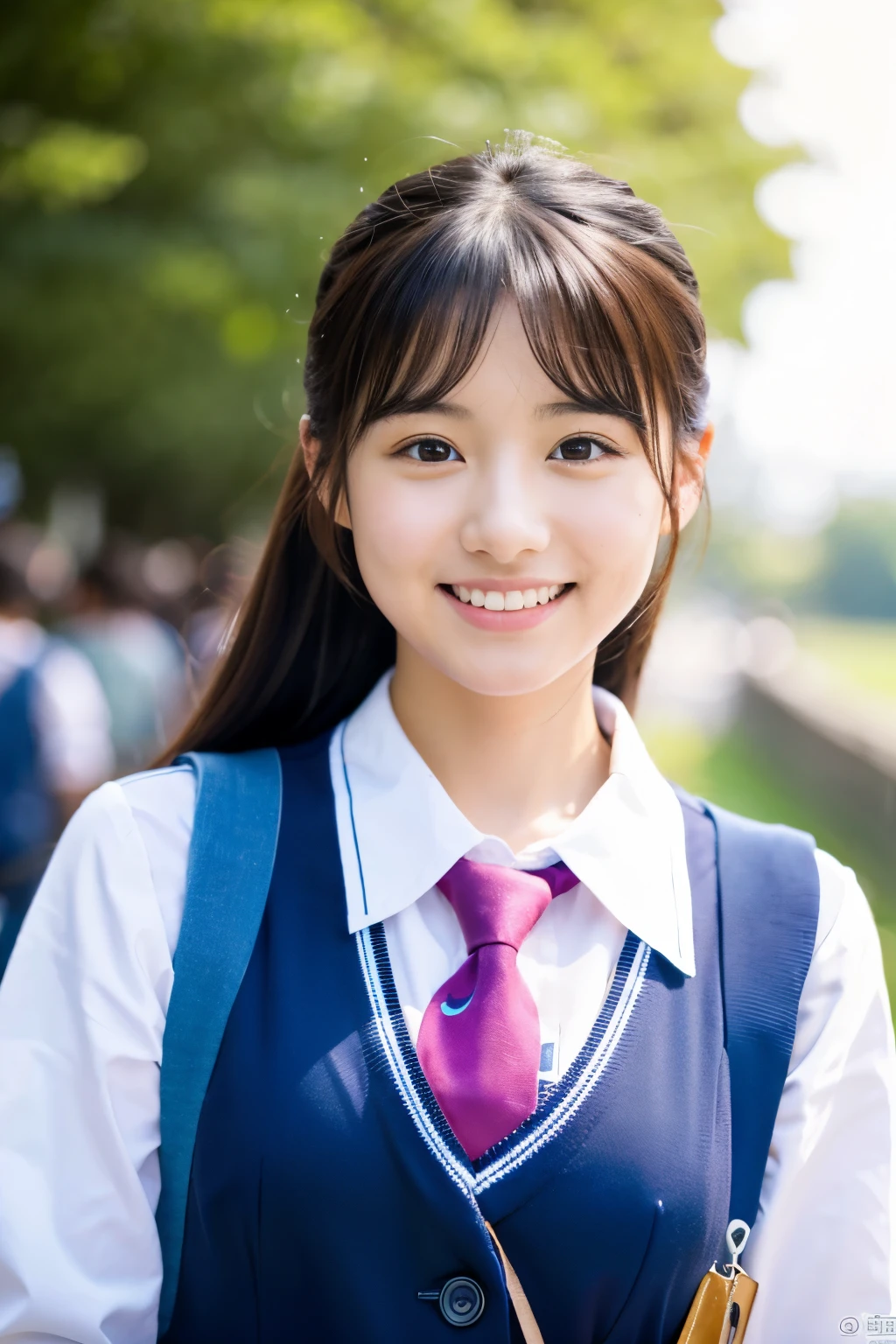 (highest quality,8K quality,masterpiece:1.3),(Ultra-high resolution,Photorealistic:1.4,RAW Photos),(Very detailed,Caustics,Detailed Background),(Ultra-Realistic Capture,Beautiful and detailed skin,Perfect Anatomy),high school student、School building,Schoolyard,18-year-old,cute,single eyelid,School Blazer Uniform,Looking at the camera,Laughter,Bust up shot,Natural soft light