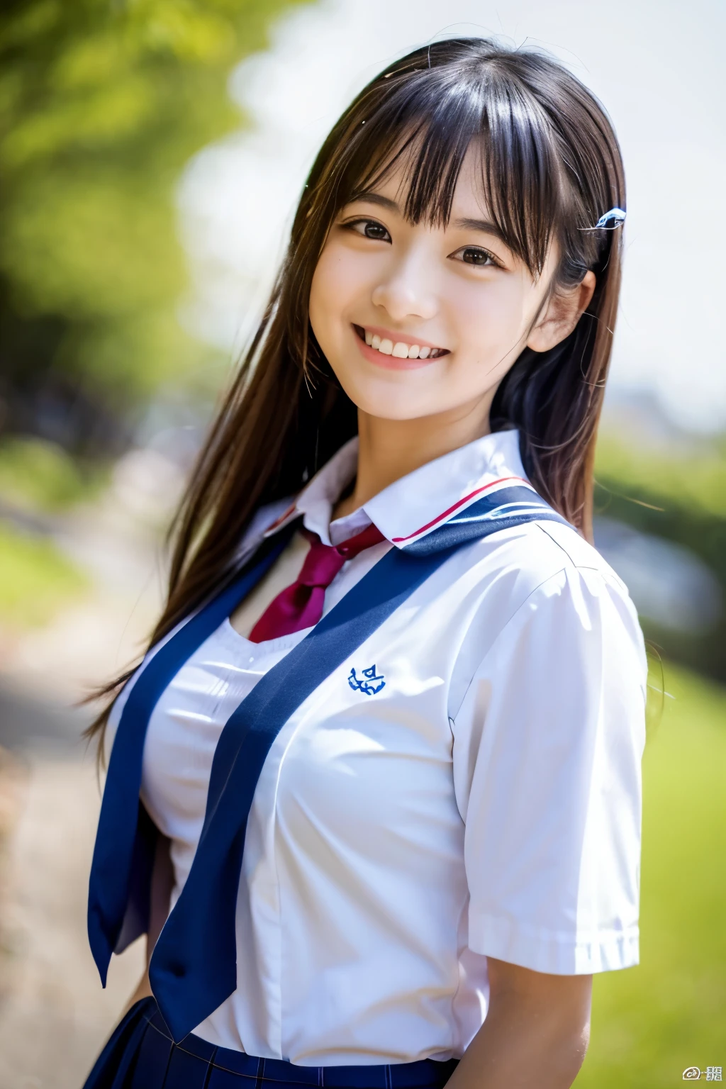 cute, アイドルのようにcute16歳の高校生、High School Uniform、Cleavage、Young cute face、Smiling Kindly、Carp streamers fluttering in the sky、High はCleavageが見えるデザイン、whole body、RAW Photos、Genuine、Real、realism、Raw photo、High resolution、Life、No copyright notice
