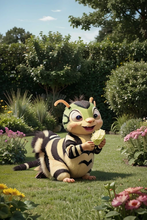 caterpillar daughter of a fat father caterpillar,
eating cabbage,
IN THE GARDEN, woodpecker cartoon style