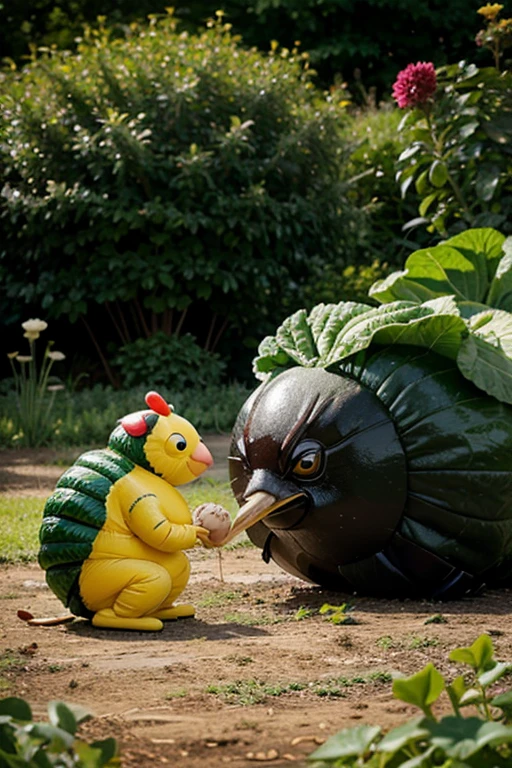 caterpillar daughter of a fat father caterpillar,
eating cabbage,
IN THE GARDEN, woodpecker cartoon style