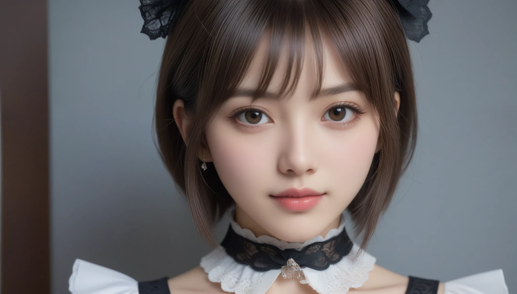 8K, Ultra-high resolution, highest quality, masterpiece, 超Realistic, photograph, 1 girl, (18-year-old:1.3), pretty girl, Cute face, Beautiful eyes in every detail, 細かくdetailedに, ((highest quality)),(masterpiece:1.4),生photograph,8k,((Best image quality)), ((Highest Resolution)),Beautiful face in every detail,非常にdetailed,Gentle expression,(One Woman:1.3 ),Realistic,photo Realistic,(Very Short Hair:1.4),(Beautiful woman),(Cute Japanese Girl:1.3),(mannish),((Beautiful woman)),(Beautiful Hair),((Dark brown hair)),(((Red cheeks))),((Her eyes are big)),20 year old beauty,(Her face is small:1.7),Small Head,((Long neck)),Pale skin,Spotless Skin,With bangs,Everyone longs for,Japanese Beautiful woman,(8 heads),Gothic ta See Through 、Look at the audience、beauty,Long neck、Smile a little、Please close your mouth and laugh、(((Ideal body proportions))),A cup small breasts :2,、Portraiture:2、Perfect Anatomy、Vivid details、detailed、超Realistic、Light and shadow,Strong light,Fashion magazine cover,Thin lips