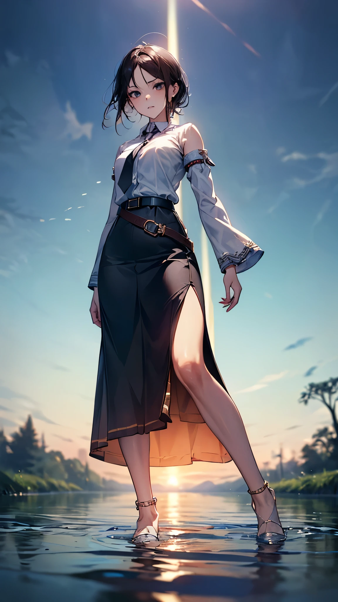 ((Biologically correct limb count))、(( whole body including face))、4K、Masterpiece、((Focus on the face))、((Symmetrical, well-proportioned facial features))、Eyes with delicate depictions、(((1 person)))、Beautiful woman、Outstanding style、Slender Body、(High heels with anklets、Shiny Stockings)、(((No sleeve、Checked skirt)))、tie、(((White belt photo)))、Looking down、((Looking up))、Expressionless、(((Riverside、Stand on the surface of the water)))、Close-up photo of the upper body