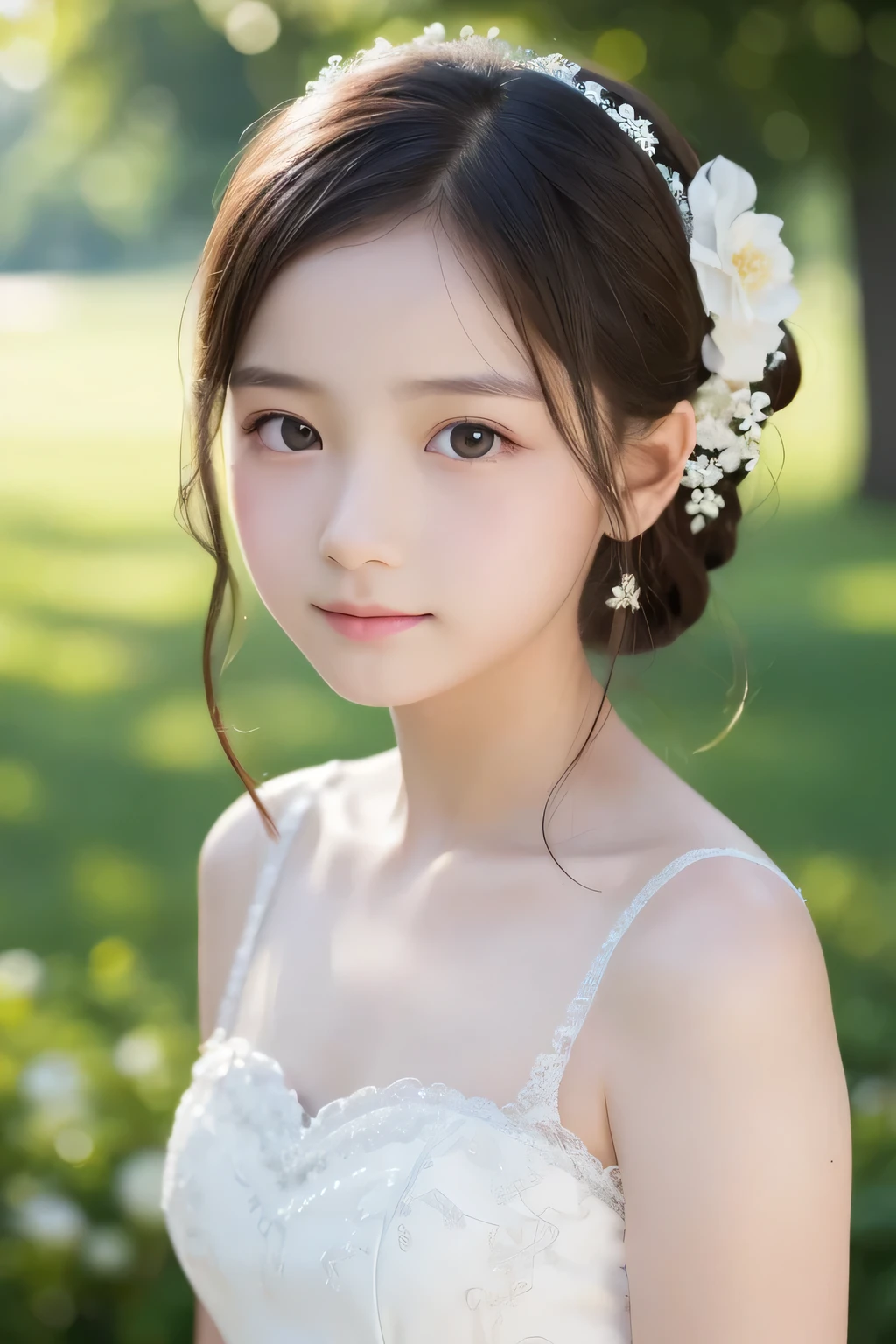 ((highest quality)), ((Photo quality)), (detailed), Perfect Face,White skin,11 years old,White dress,delicate,