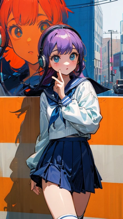 90s City Pop Art、City Pop Style、Sketch Style、LOFI Girl、Beautiful school girl、8 Head Model、Navy blue sailor suit、White sweater、mini skirt、Knee-high socks、Stroll around Harajuku、Headphones 1.2、listen to music、Big eyes、whole body、1 person、Cowboy Shot、listen to music,xyx