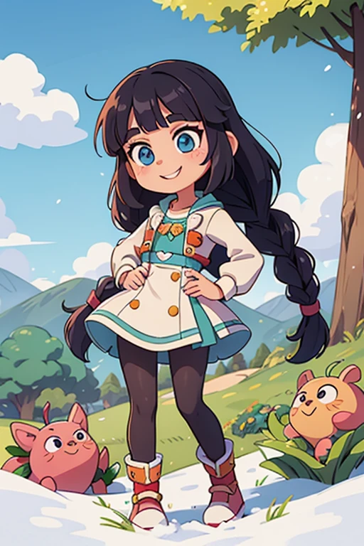 Fique na frente da foto、1 garota em,corpo todo,um bob curto, But long braids, rainbow colored hair,botas longas,Boca aberta e grande sorriso、pose kawaii、Seda iridescente fluida、Wearing colored pantyhose、acima do rosto、Olho para cima、Colorcon with heart pattern、Vestido florido、Pose com o boneco de neve、snowscape、temporada!!: Invernos☀ 🍂