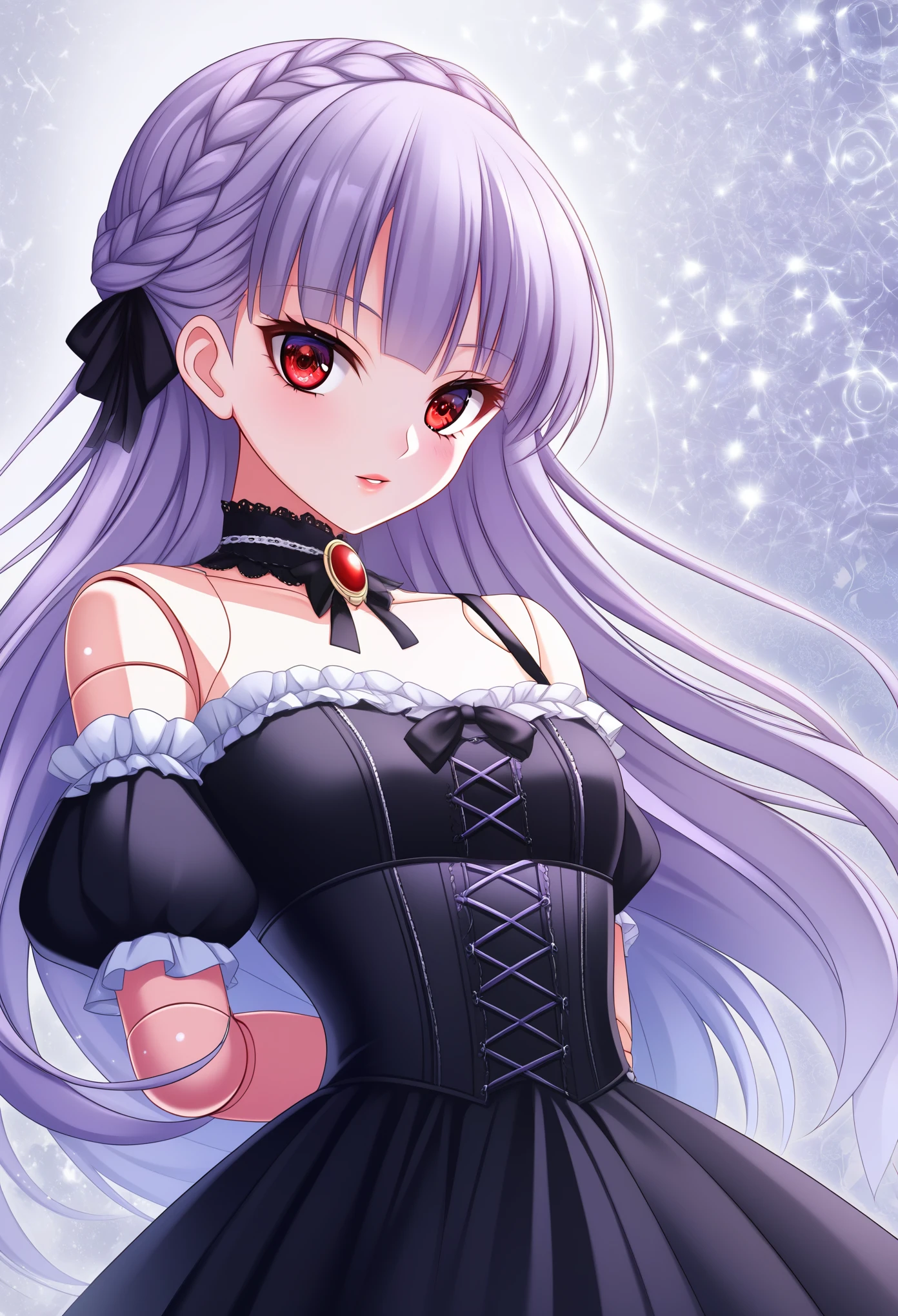 masterpiece, illustration, best quality, menacingjojo, cg, wallpaper, 1girl, solo, light purple hair, long hair, french braid, single sidelock, red eyes, multicolored eyes, small breasts, flat chest, , victorian dress, embellished dress, black dress, corset, neckwear, off-shoulder dress, frills, doll, doll joints, dynamic pose, leaning back, from below, looking down, looking at viewer, arms behind back, text, upper body, portrait, cold, neutral