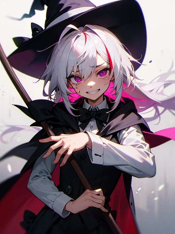 Masterpiece, best quality, expressive eyes, perfect face, 1girl, solo, witch hat, bunny ears, magenta eyes, cat pupils, white hair, streaked hair, ahoge, evil smile, bloody tears, blood, bowtie, dress, sleeves, cape, skirt, pantyhose, upper_body, clock, upper_body, scythe, holding_weapon, sadistic grin