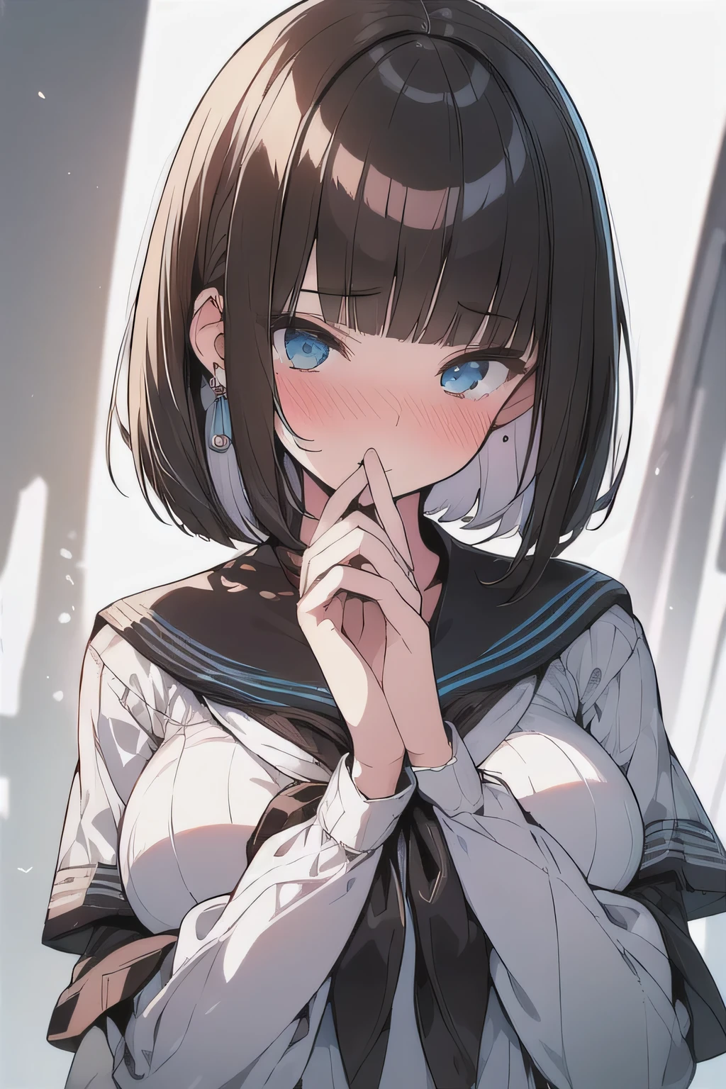 (best quality), (Super detailed), (Best Illustration), (masterpiece), (woman), own hands clasped, {(white serafuku:1.2)}, (large breasts:1.2), {brown hair, (sideburns), (bob cut:1.3), curly hair, hairs between eyes, colored inner hair}, {(detailed eyes), blue eyes}, embarrassed, blush, earring, wind, white background