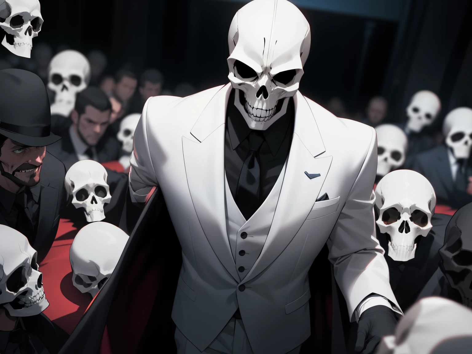 A man with a white smiling skull face mask, takes a bow, looking up at the camera, white suit black tie.  Dark knight comic style, American comic. An assassin looks dangerous and strong 