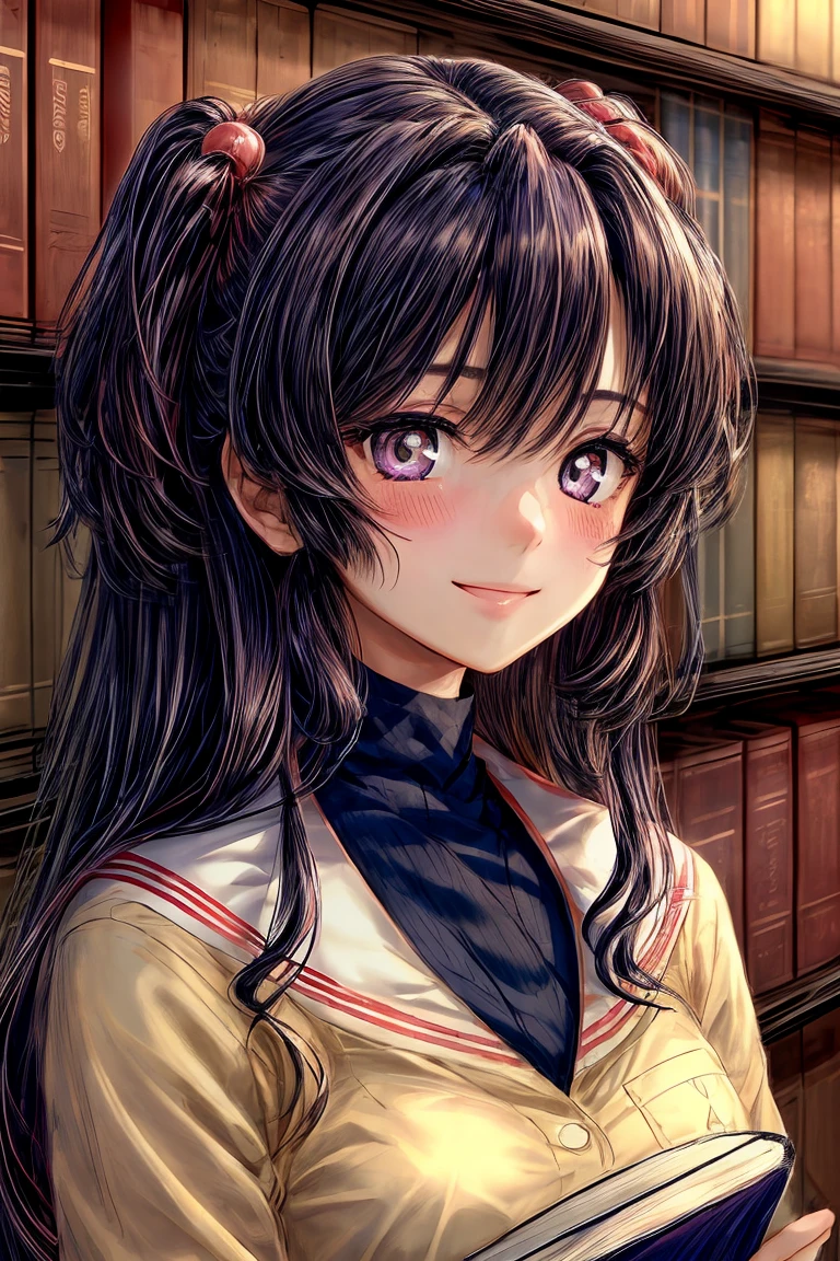 ((masterpiece)), (best quality), (perfect face), (extreme detailed face), (extreme detailed eyes) 1girl, (((Kotomi))), full face, long hair, beautiful eyes, blush, solid pupils, library, holding a book, ((slight smile)), (official art, extreme detailed, intricated details)