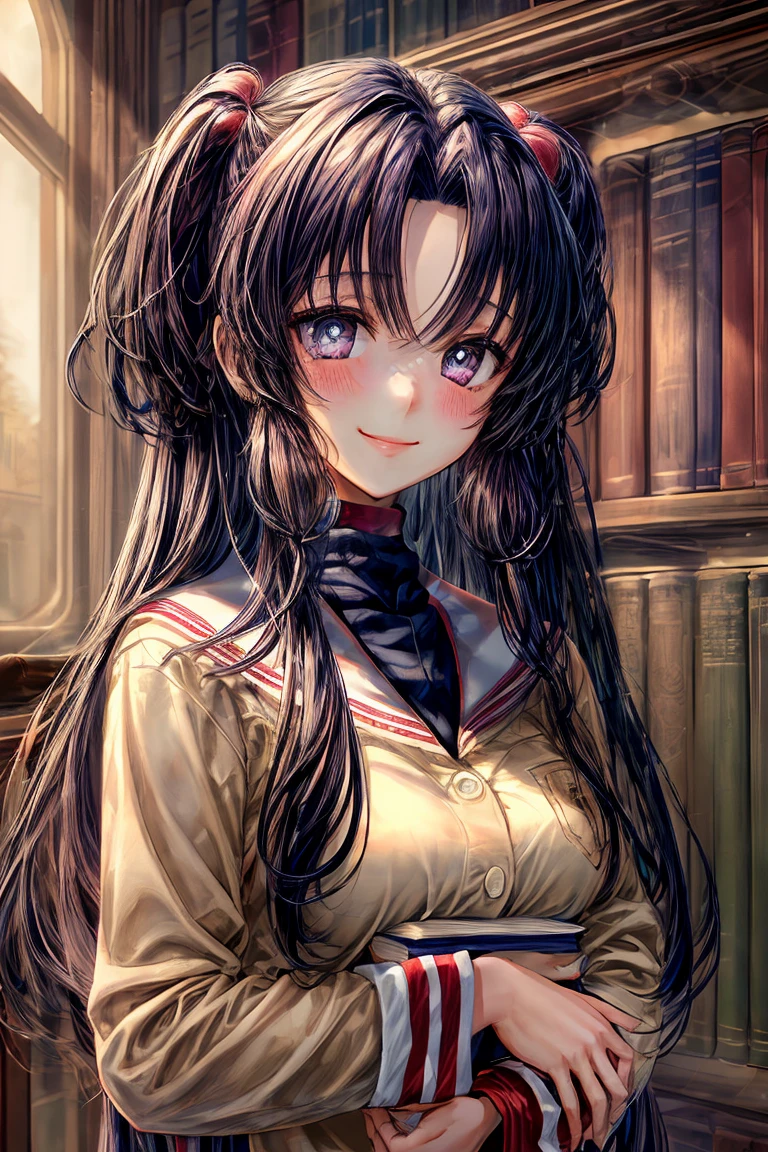 ((masterpiece)), (best quality), (perfect face), (extreme detailed face), (extreme detailed eyes) 1girl, (((Kotomi))), full face, long hair, beautiful eyes, blush, solid pupils, library, holding a book, ((slight smile)), (official art, extreme detailed, intricated details)
