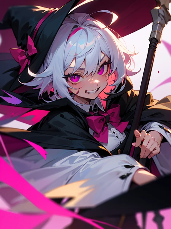 Masterpiece, best quality, expressive eyes, perfect face, 1girl, solo, witch hat, bunny ears, magenta eyes, cat pupils, white hair, streaked hair, ahoge, evil smile, blood, bowtie, dress, sleeves, cape, skirt, pantyhose, upper_body, clock, upper_body, scythe, holding_weapon, sadistic grin