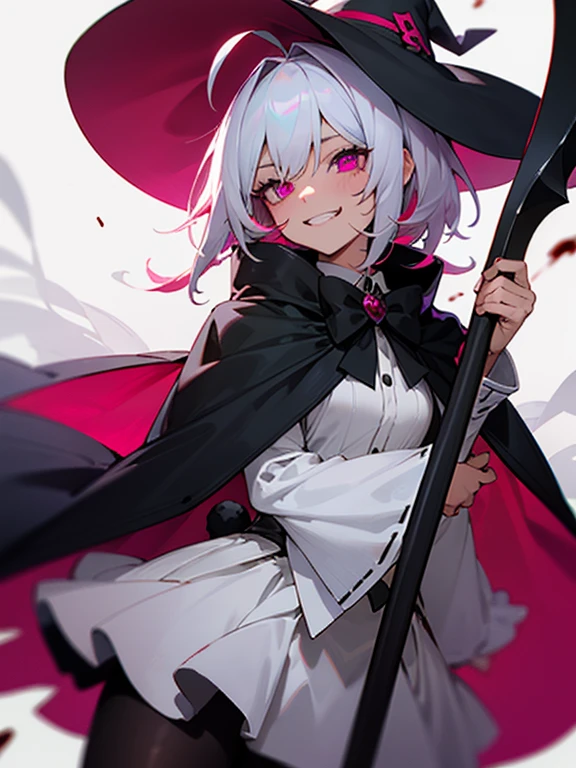 Masterpiece, best quality, expressive eyes, perfect face, 1girl, solo, witch hat, bunny ears, magenta eyes, cat pupils, white hair, streaked hair, ahoge, evil smile, blood, bowtie, dress, sleeves, cape, skirt, pantyhose, upper_body, clock, upper_body, scythe, holding_weapon, sadistic grin