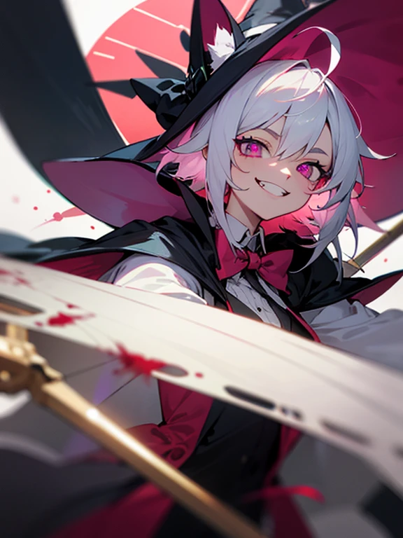 Masterpiece, best quality, expressive eyes, perfect face, 1girl, solo, witch hat, bunny ears, magenta eyes, cat pupils, white hair, streaked hair, ahoge, evil smile, blood, bowtie, dress, sleeves, cape, skirt, pantyhose, upper_body, clock, upper_body, scythe, holding_weapon, sadistic grin