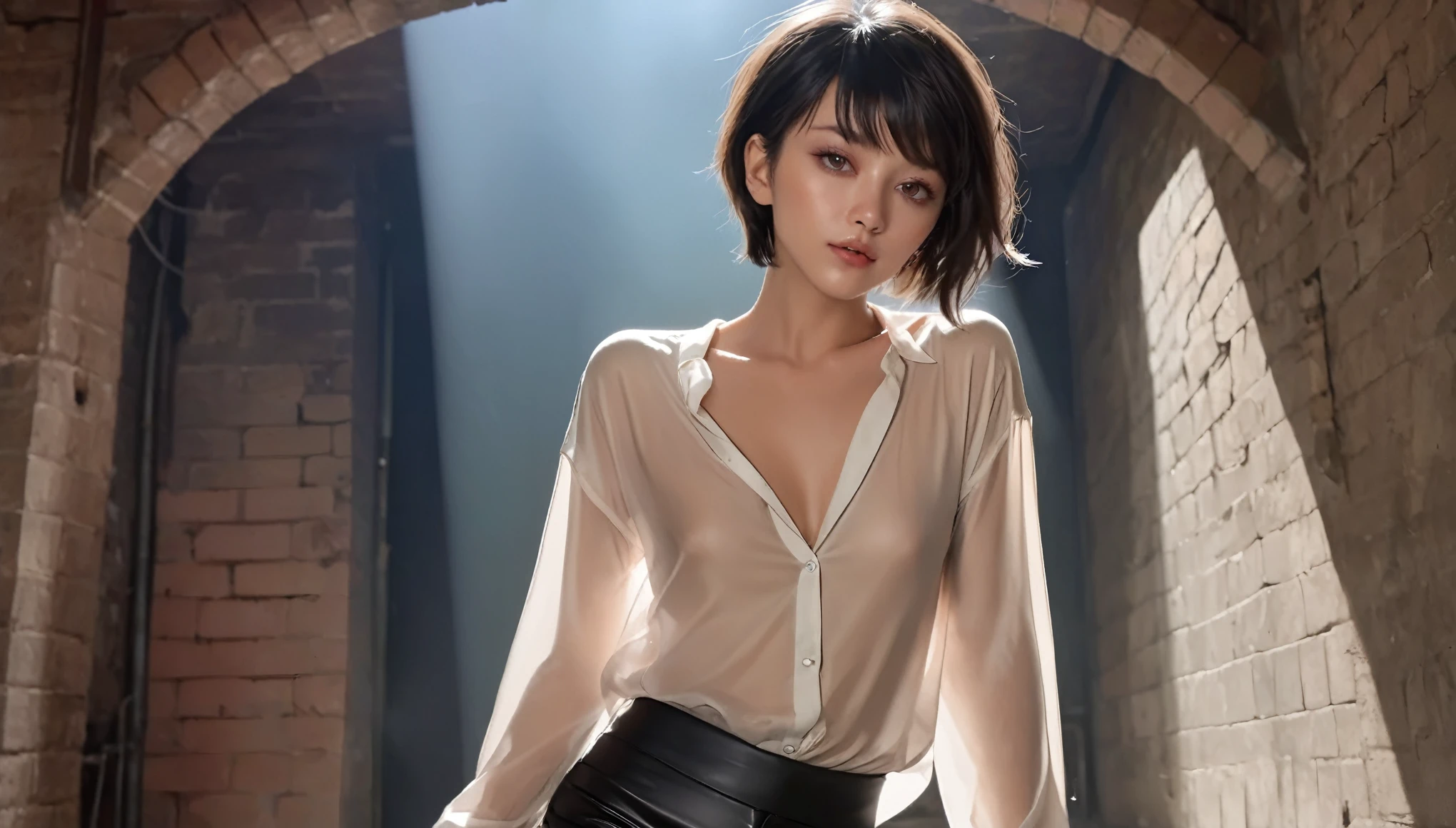 Top Quality, Masterpiece, High Resolution, 8k, (((skinny girl in oversized silky shirt with bare back and hot pants, wide neckline, small perky breasts, beautiful detailed eyes, no lipstick, extremely detailed face, pixie asymmetrical hair cut, small hips, in the sex dungeon, behind back)))