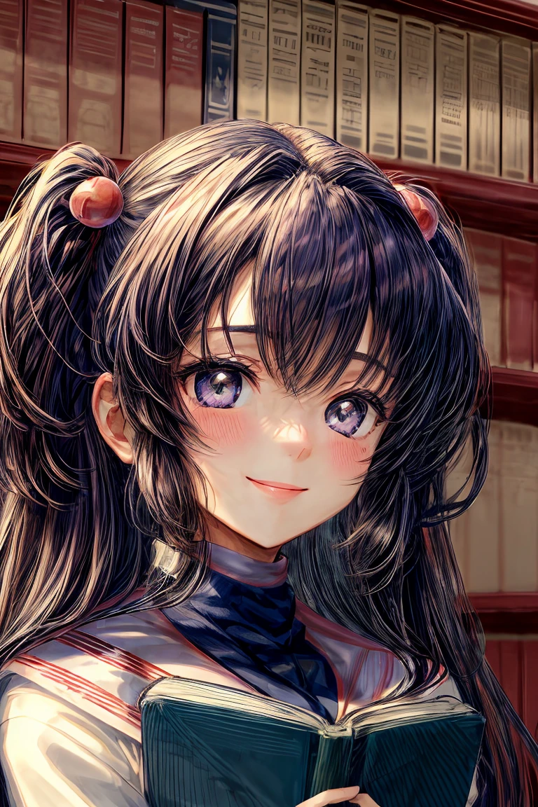 ((masterpiece)), (best quality), (perfect face), (extreme detailed face), (extreme detailed eyes) 1girl, (((Kotomi))), full face, long hair, beautiful eyes, blush, solid pupils, library, holding a book, ((slight smile)), (official art, extreme detailed, intricated details)