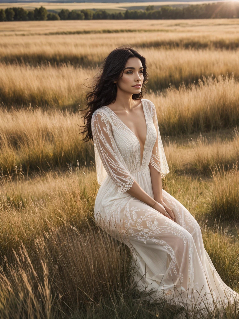 there is a woman sitting in a field of tall grass, in a grassy field, in a meadow, sitting in a field, in a field, in the grass, in a grass field, in the middle of a field, sitting in a field of flowers, in the high grass, 50mm portrait, standing in a grassy field, photoshoot for skincare brand