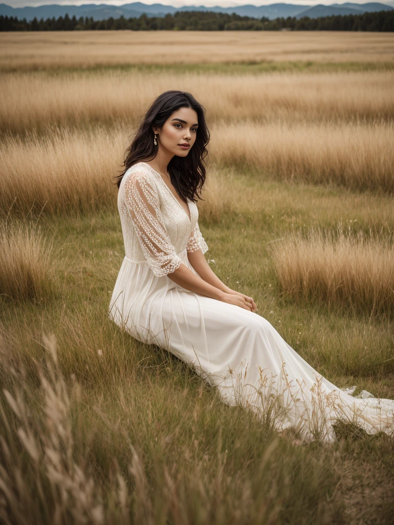 there is a woman sitting in a field of tall grass, in a grassy field, in a meadow, sitting in a field, in a field, in the grass, in a grass field, in the middle of a field, sitting in a field of flowers, in the high grass, 50mm portrait, standing in a grassy field, photoshoot for skincare brand