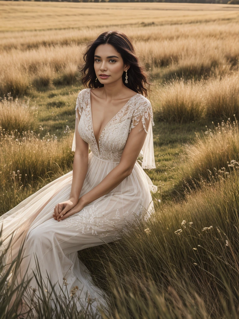 there is a woman sitting in a field of tall grass, in a grassy field, in a meadow, sitting in a field, in a field, in the grass, in a grass field, in the middle of a field, sitting in a field of flowers, in the high grass, 50mm portrait, standing in a grassy field, photoshoot for skincare brand