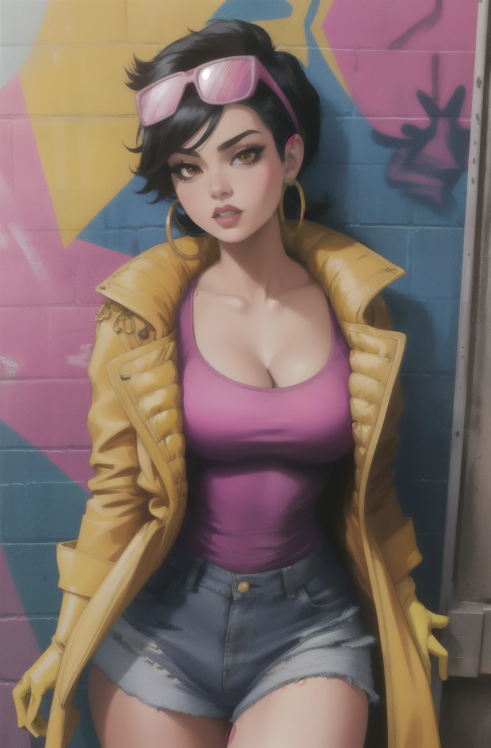 Jubilee,short black hair, brown eyes, solo, standing,  cowboy shot, 
denim shorts , open yellow jacket, purple shades on head, hoop earrings ,blue gloves, pink shirt, blue gloves, 
streets, chain fence, wall with graffiti, retro, cleavage,  
 (insanely detailed, beautiful detailed face, masterpiece, beautiful detailed eyes, best quality)
 