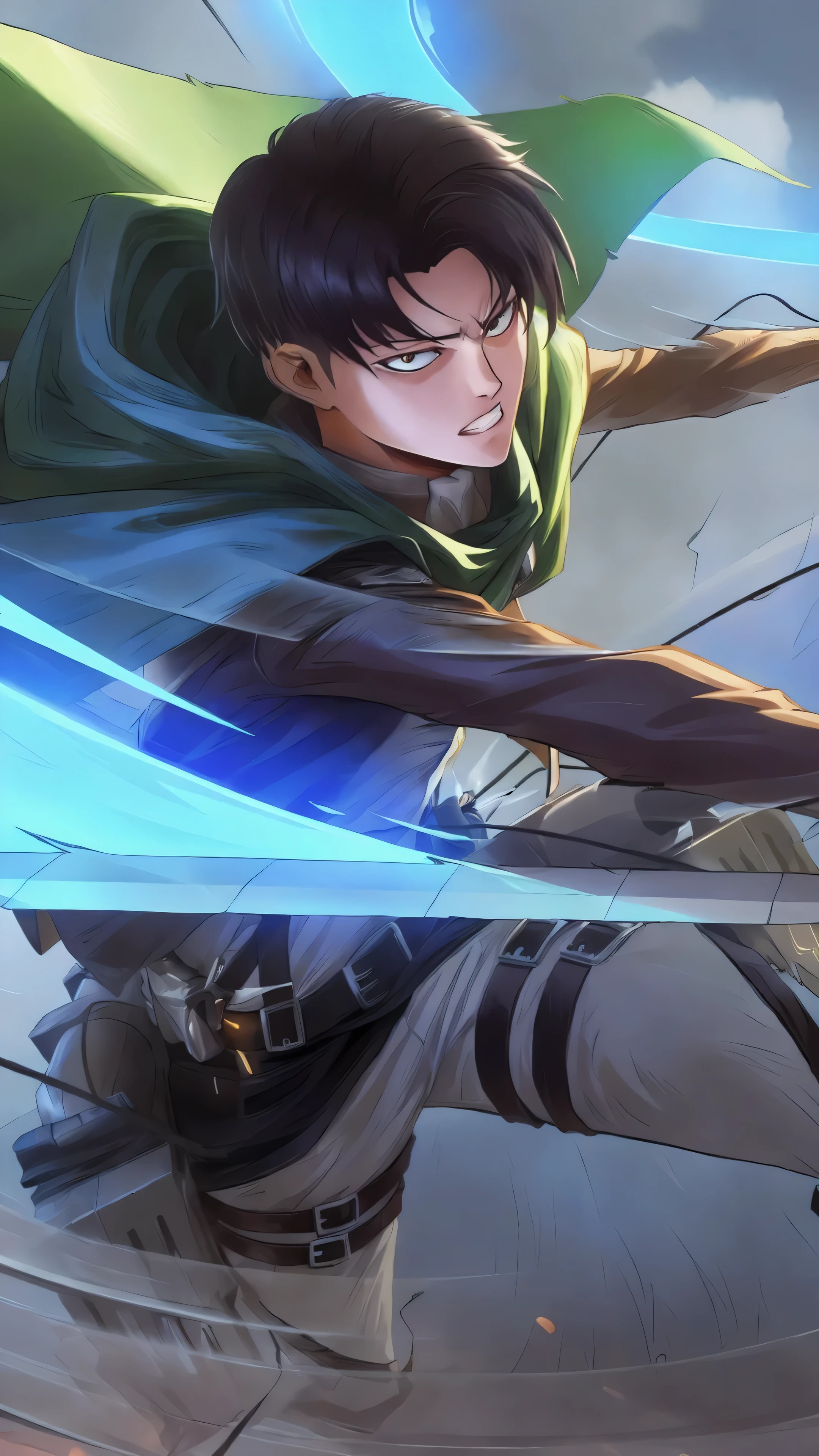 anime character with a sword and a green cape on his head, from attack on titan, attack on titan anime style, inspired by Shingei, snk, levi ackerman, by Shingei, made with anime painter studio, (attack on titans anime), in attack on titan, eren yeager, official art, range murata and artgerm