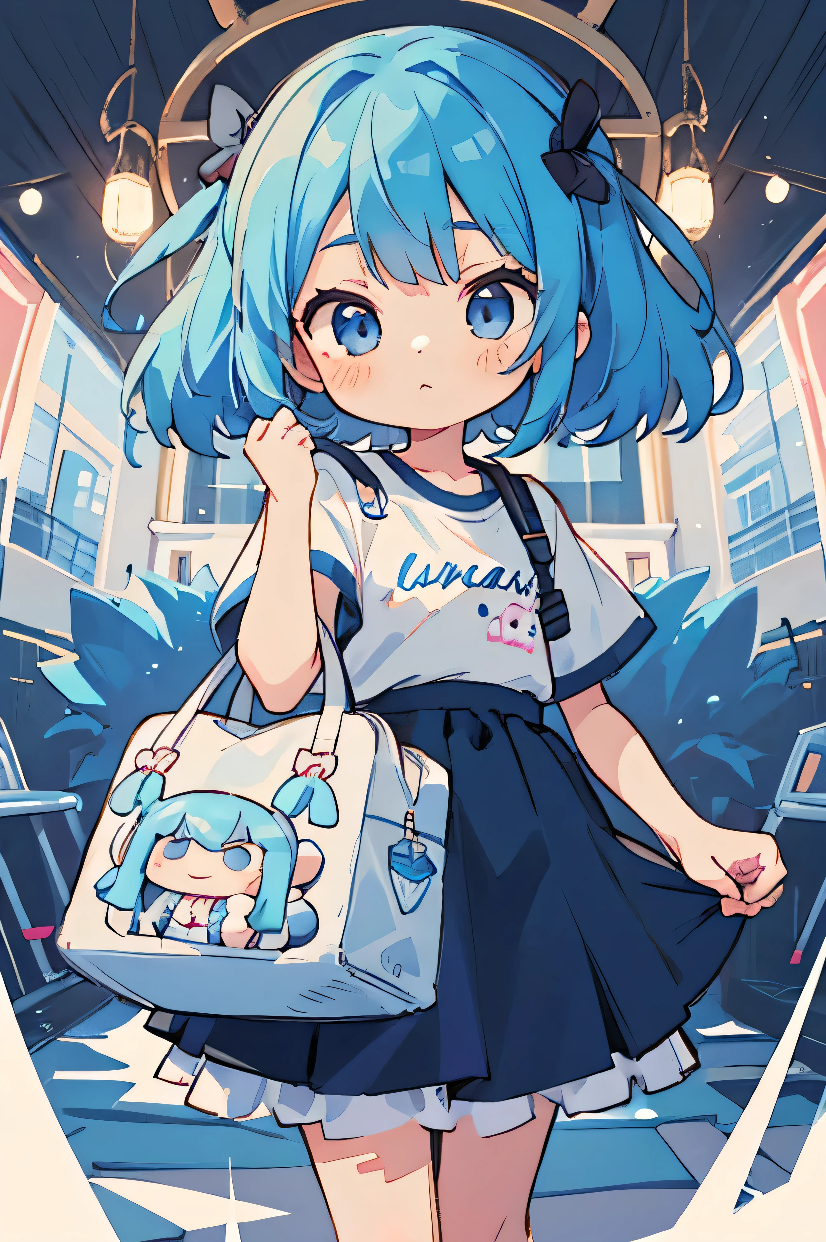 plastic， One girl， Chibi T-shirt，Blue Hair， Luxury Fabric，Harajuku Style， Dither， Profound， Looking at the audience， 