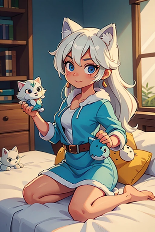 macho, arctic wolf, olhos amarelos detalhados, fralda lisa com 4 fitas, holding stuffed animal, feliz, rubor, magro, astuto, cauda longa, na cama