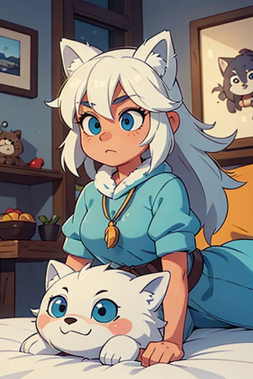 macho, arctic wolf, olhos amarelos detalhados, fralda lisa com 4 fitas, holding stuffed animal, feliz, rubor, magro, astuto, cauda longa, na cama
