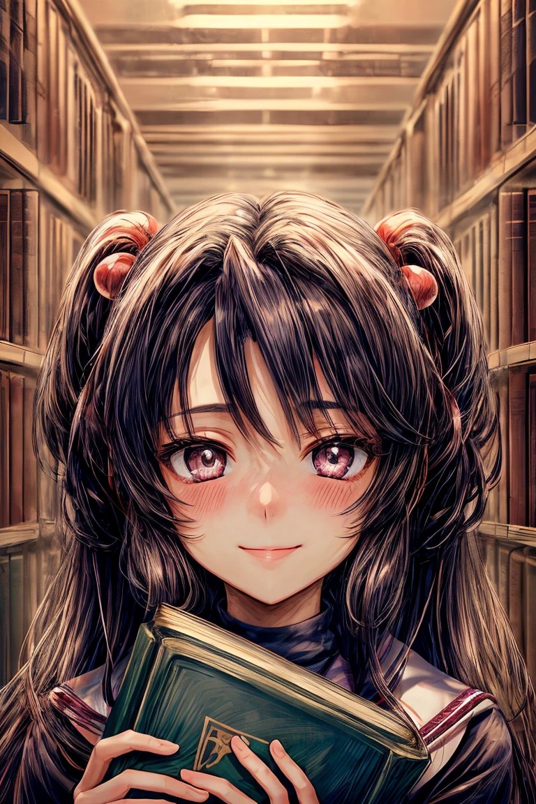 ((masterpiece)), (best quality), (perfect face), (extreme detailed face), (extreme detailed eyes) 1girl, (((Kotomi))), full face, long hair, beautiful eyes, blush, solid pupils, library, holding a book, ((slight smile)), (official art, extreme detailed, intricated details)
