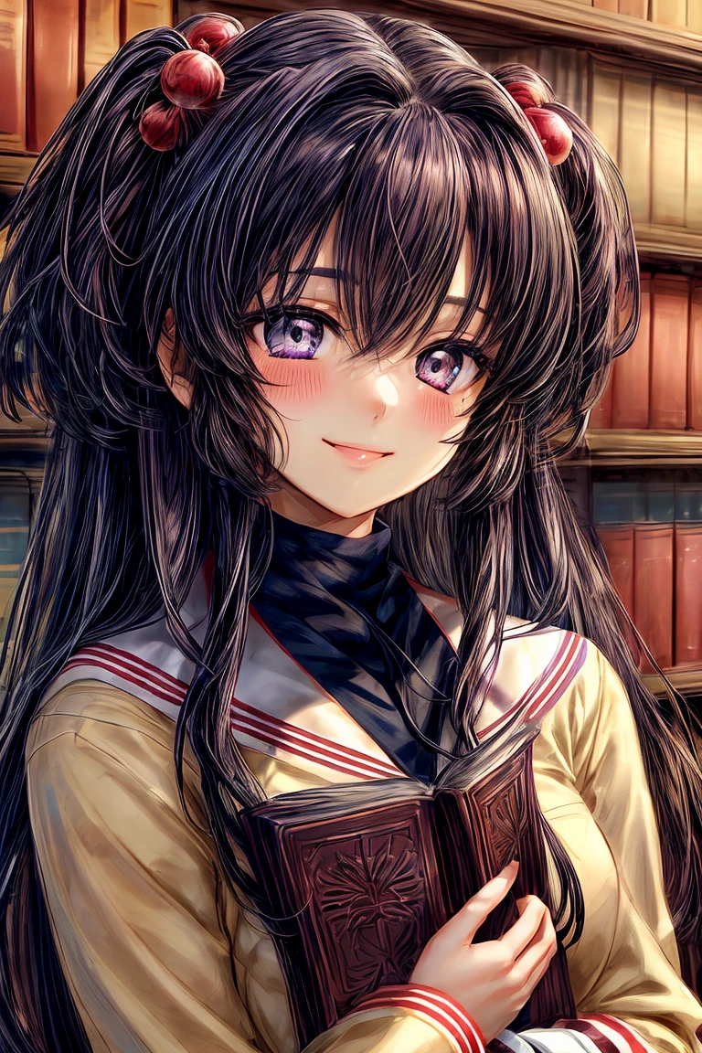 ((masterpiece)), (best quality), (perfect face), (extreme detailed face), (extreme detailed eyes) 1girl, (((Kotomi))), full face, long hair, beautiful eyes, blush, solid pupils, library, holding a book,  ((slight smile)), (official art, extreme detailed, intricated details)