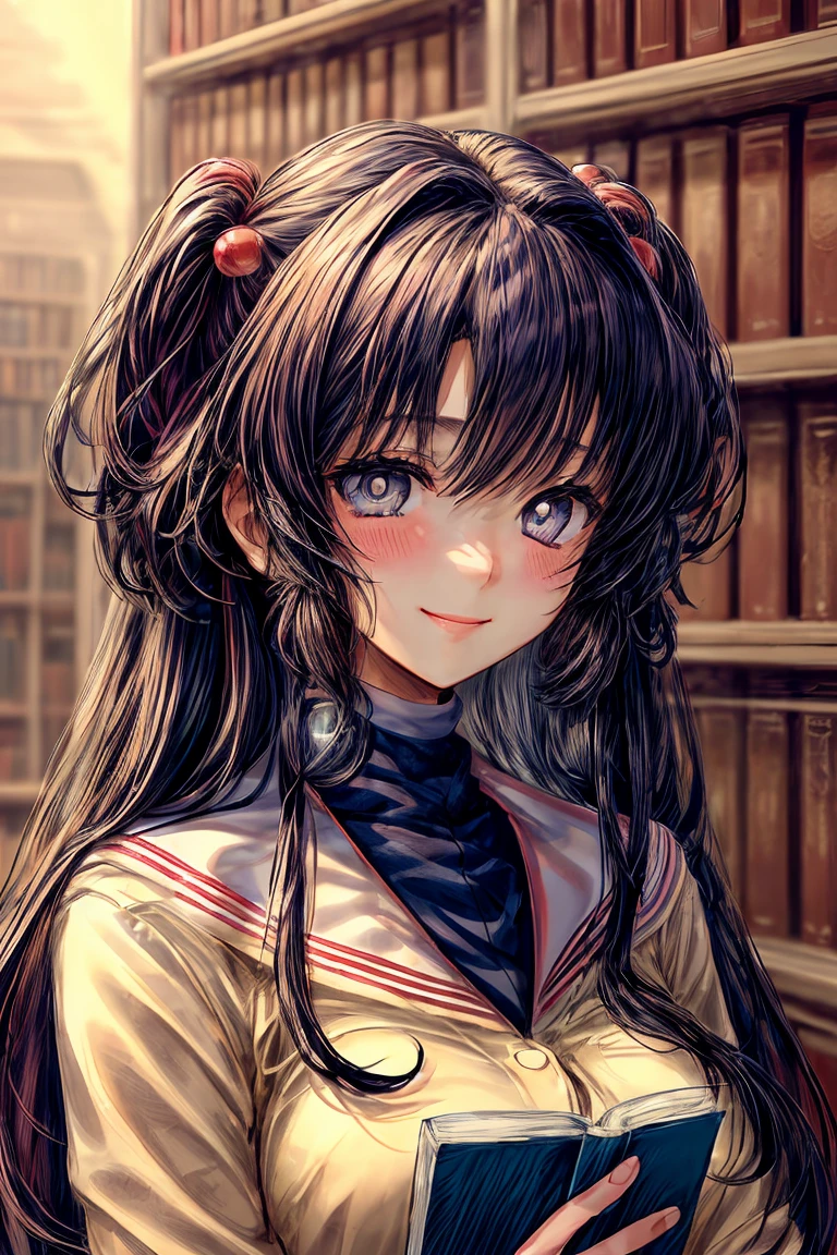 ((masterpiece)), (best quality), (perfect face), (extreme detailed face), (extreme detailed eyes) 1girl, (((Kotomi))), full face, long hair, beautiful eyes, blush, solid pupils, library, holding a book,  ((slight smile)), (official art, extreme detailed, intricated details)